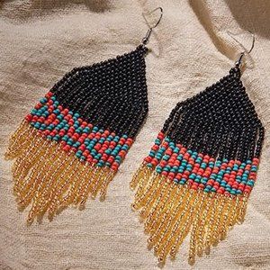 Big Black Gold Red Turquoise Bohemian Beaded Festival Earrings Tassel Fringe New